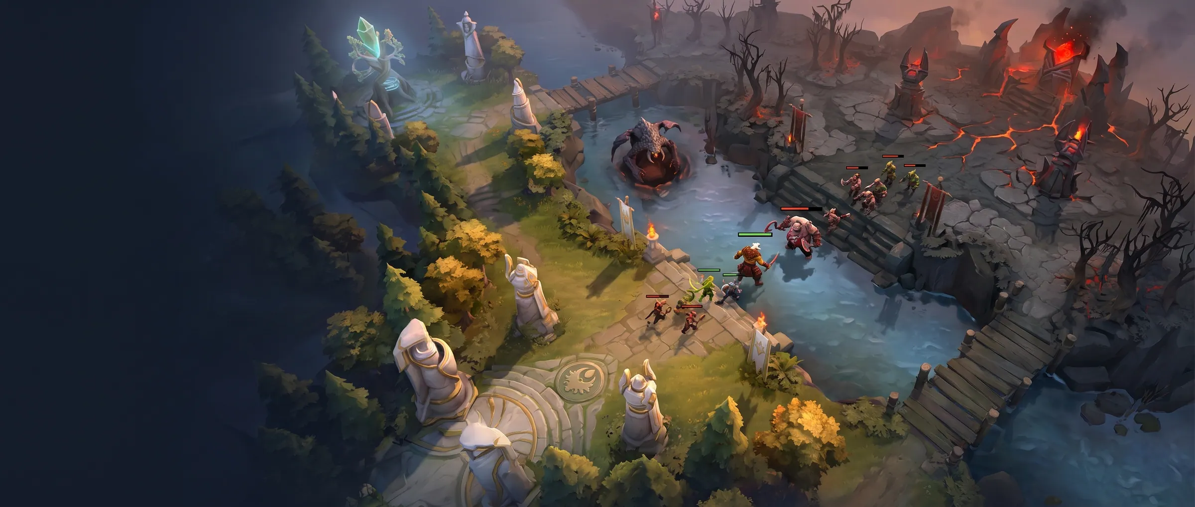 A fantasy battlefield split by a glowing river