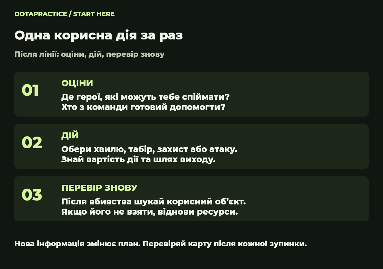 Короткий цикл кращий за незмінний маршрут. Після хвилі, табору чи бійки перевір, чи інформація ще підтримує наступну дію.