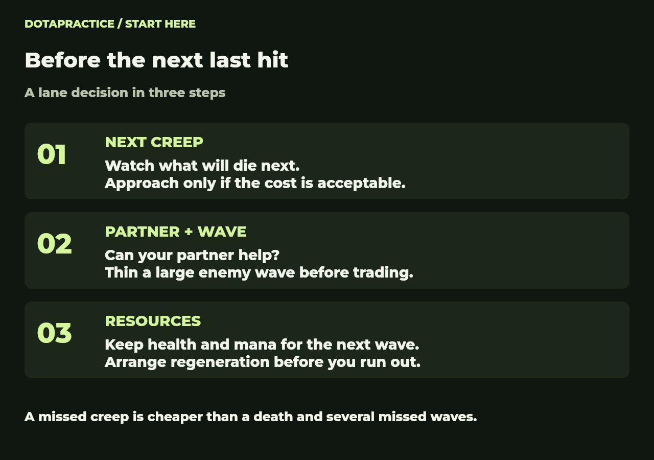 Read the next creep, the local fight and your resources together. The decision changes when your partner moves or a larger wave arrives.